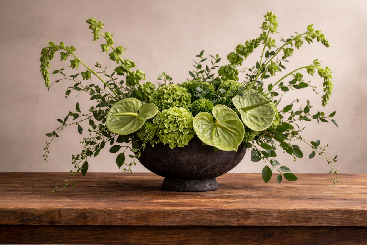 Tonal 02 - Verdant green floral arrangement in dark stone vase