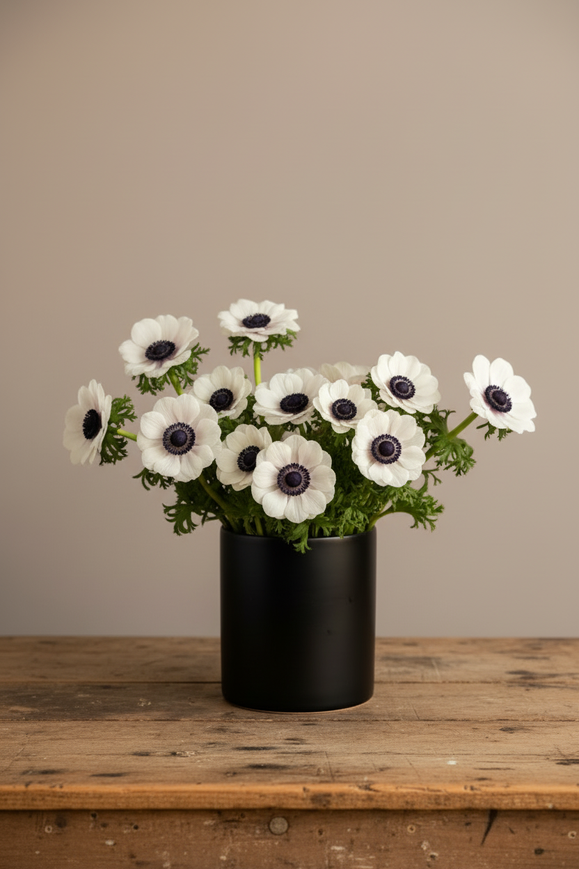 The Anemone Stem white and blush anemones in black matte ceramic vase