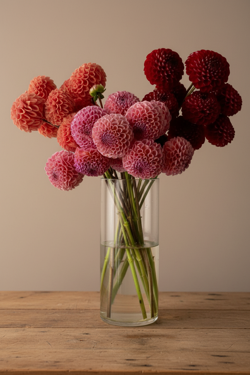 The Dahlia Stem pompom dahlias in coral pink and burgundy in clear glass cylinder vase