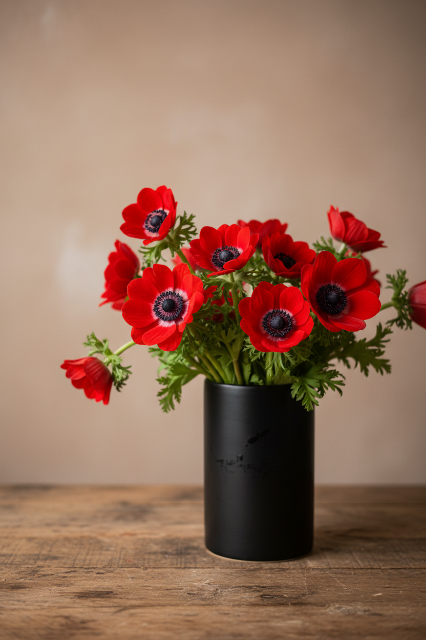 The Anemone Stem red anemones in black matte ceramic vase